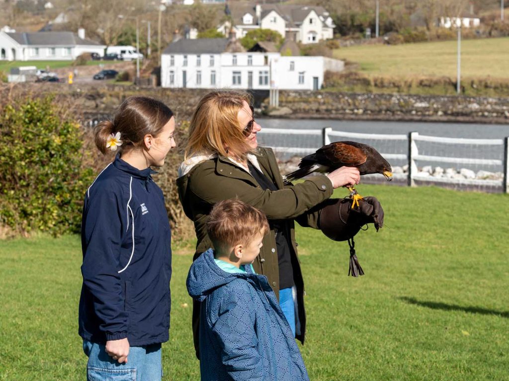 A falcon sitting on a mothers hand with her daughter and son