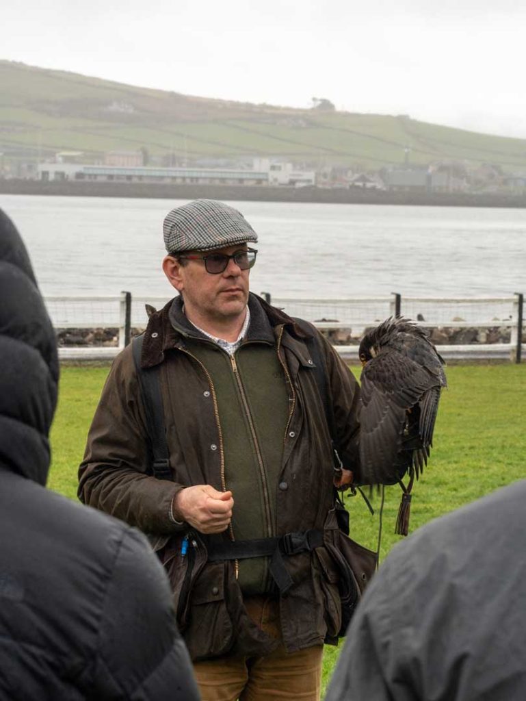 A falconer talking to a group